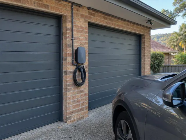 EV charger mounted on a brick wall beside a double garage with coiled cable in Cromer